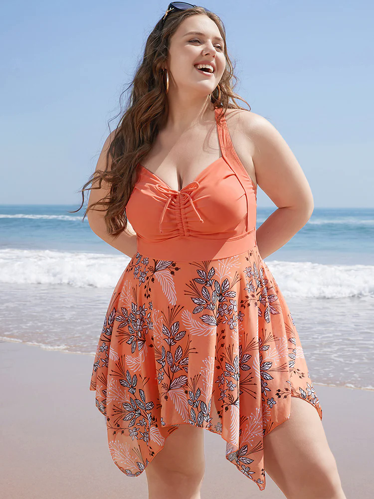 Floral Drawstring Crisscross Back Hanky Hem Swim Dress