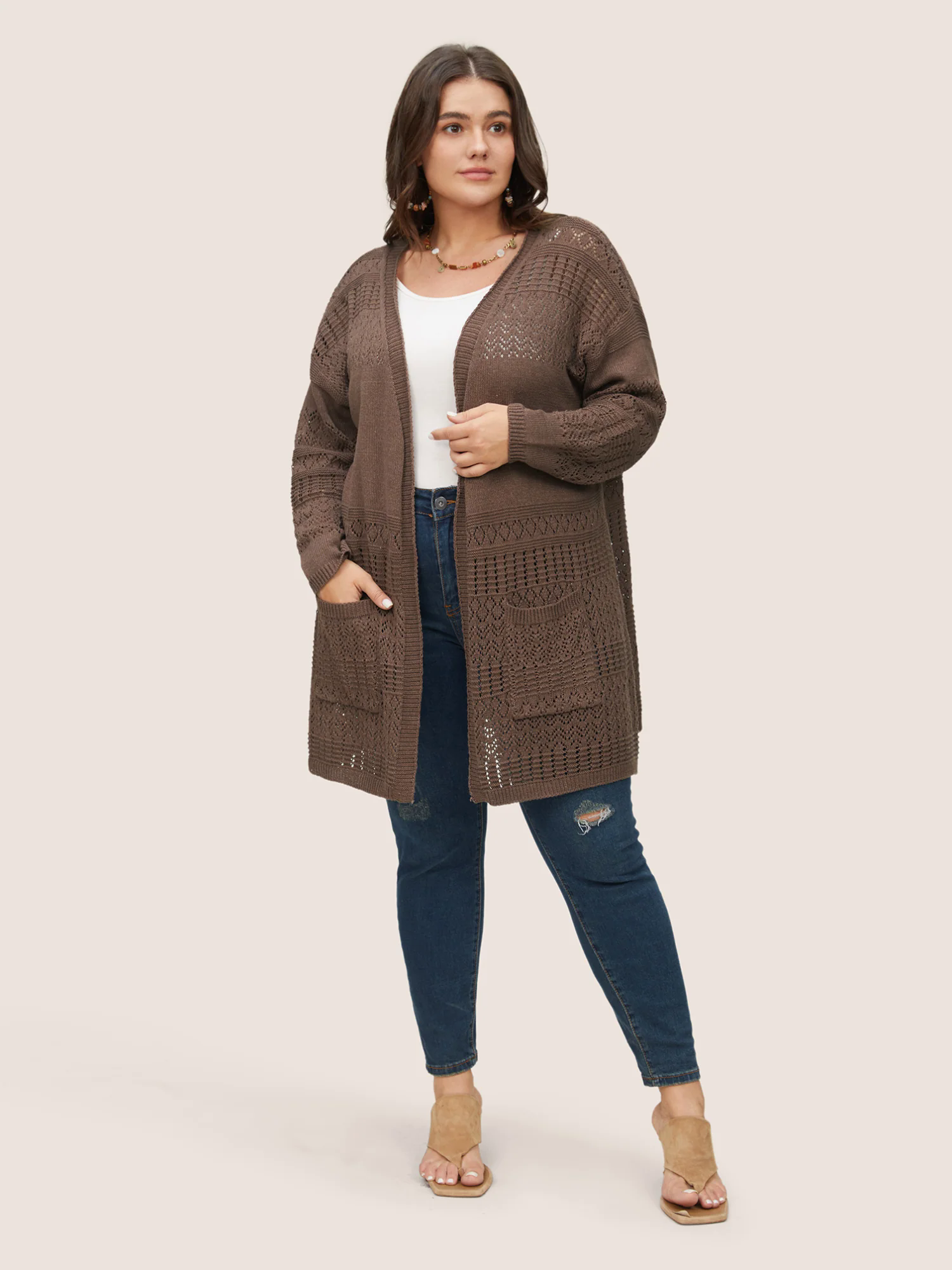 Solid Geometric Hollow Out Pocket Cardigan Solid Geometric Hollow Out Pocket Cardigan