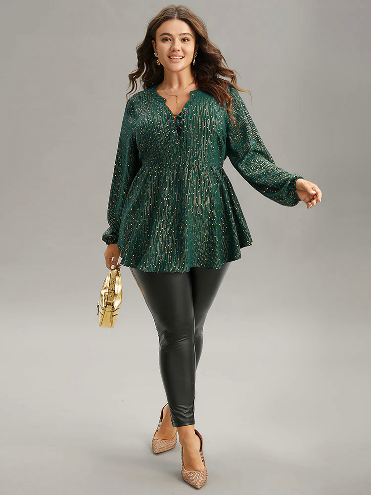 Glitter Lantern Sleeve Elastic Waist Lace Up Blouse Glitter Lantern Sleeve Elastic Waist Lace Up Blouse