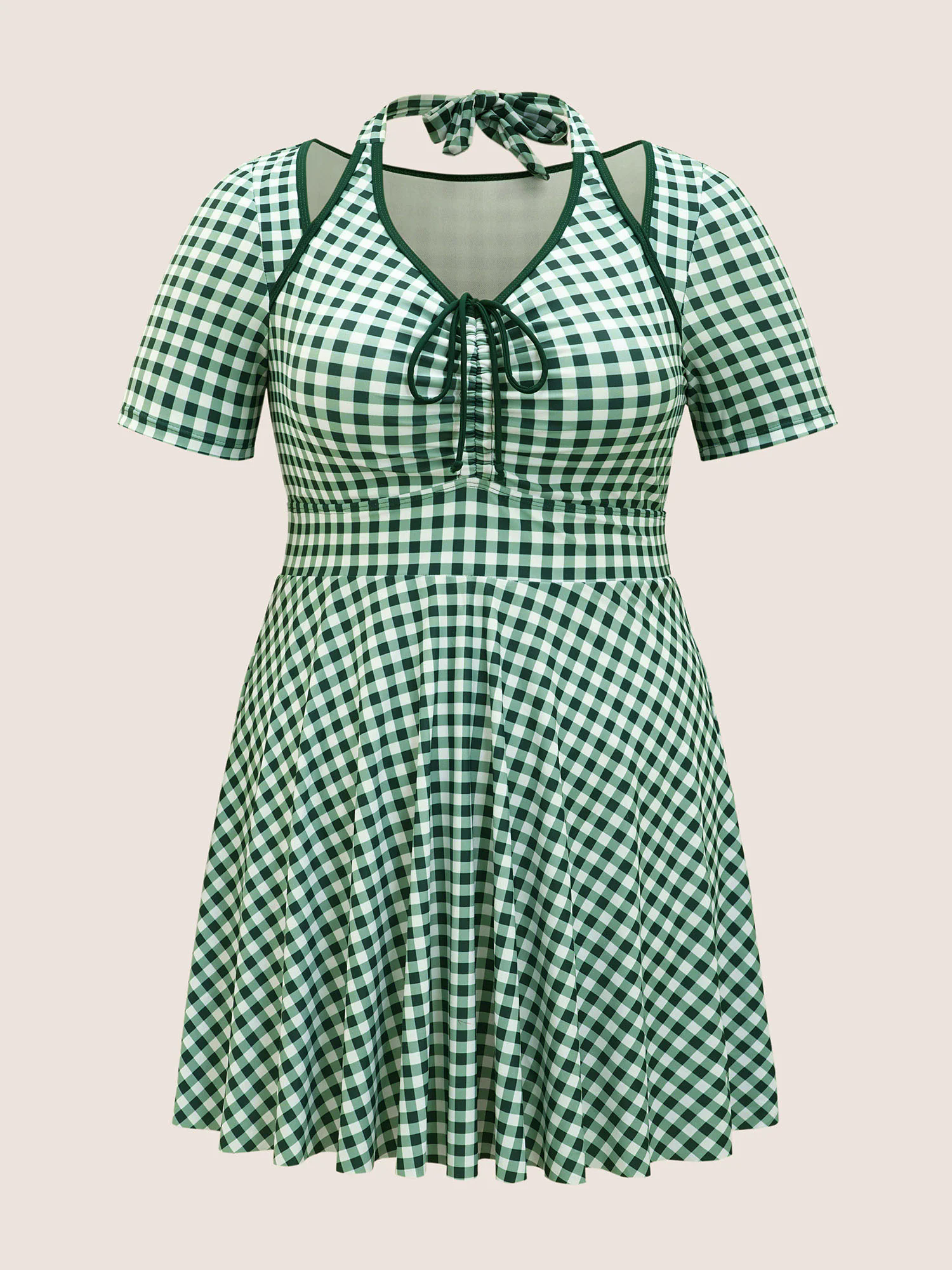 Gingham Patchwork Drawstring Tie Knot Swim Dress Gingham Patchwork Drawstring Tie Knot Swim Dress