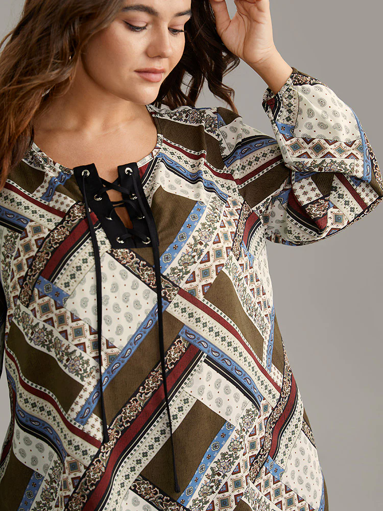 Moroccan Print Lace Up Lantern Sleeve Blouse Moroccan Print Lace Up Lantern Sleeve Blouse
