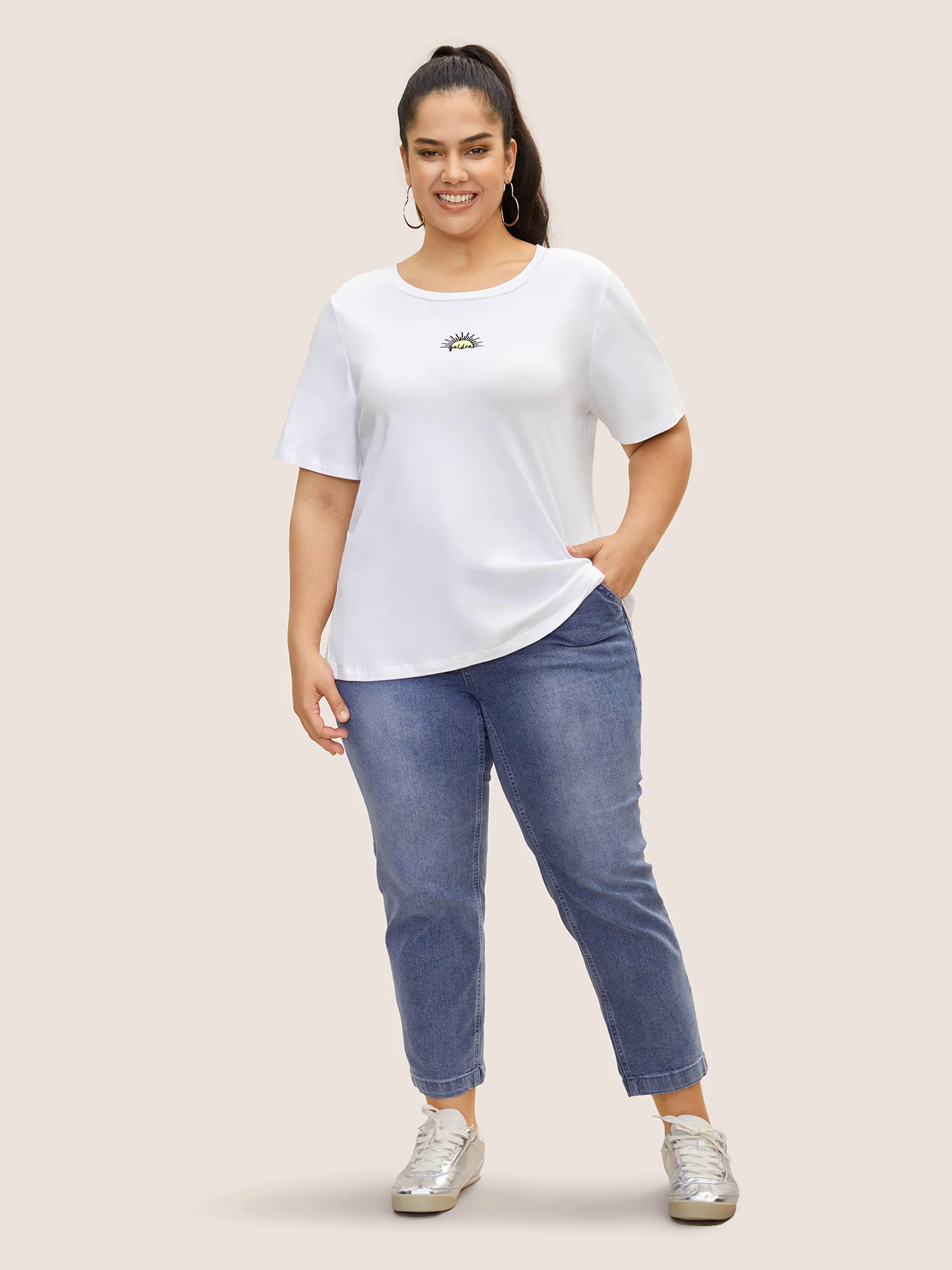 Cotton Sun Embroidered Round Neck T-shirt Cotton Sun Embroidered Round Neck T-shirt