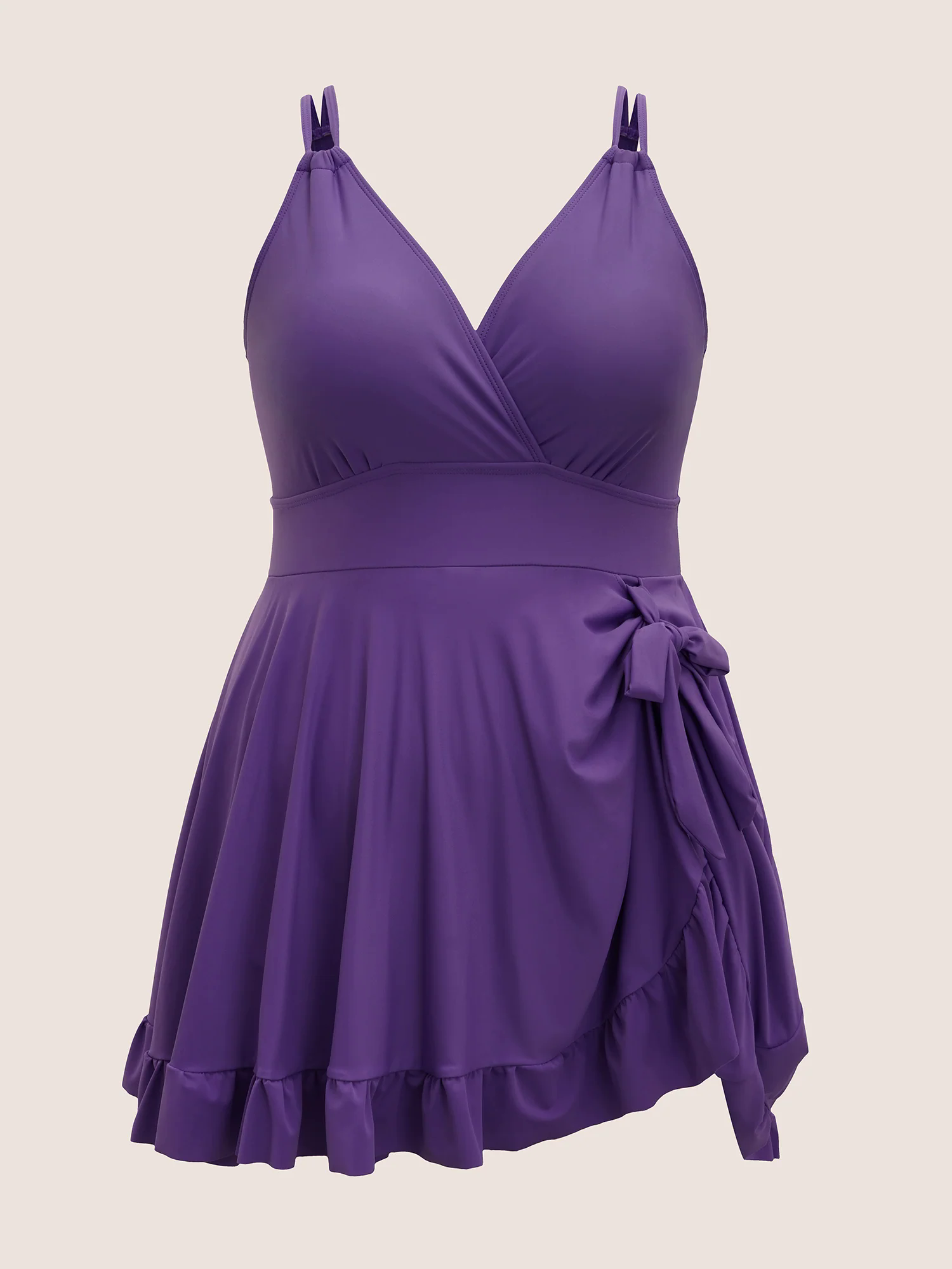 V Neck Solid Tie Knot Ruffles Swim Dress