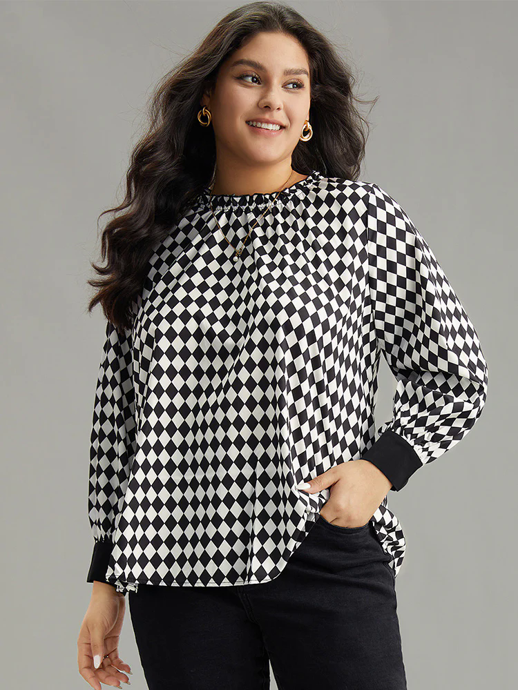 Halloween Check Frill Trim Gathered Patchwork Blouse
