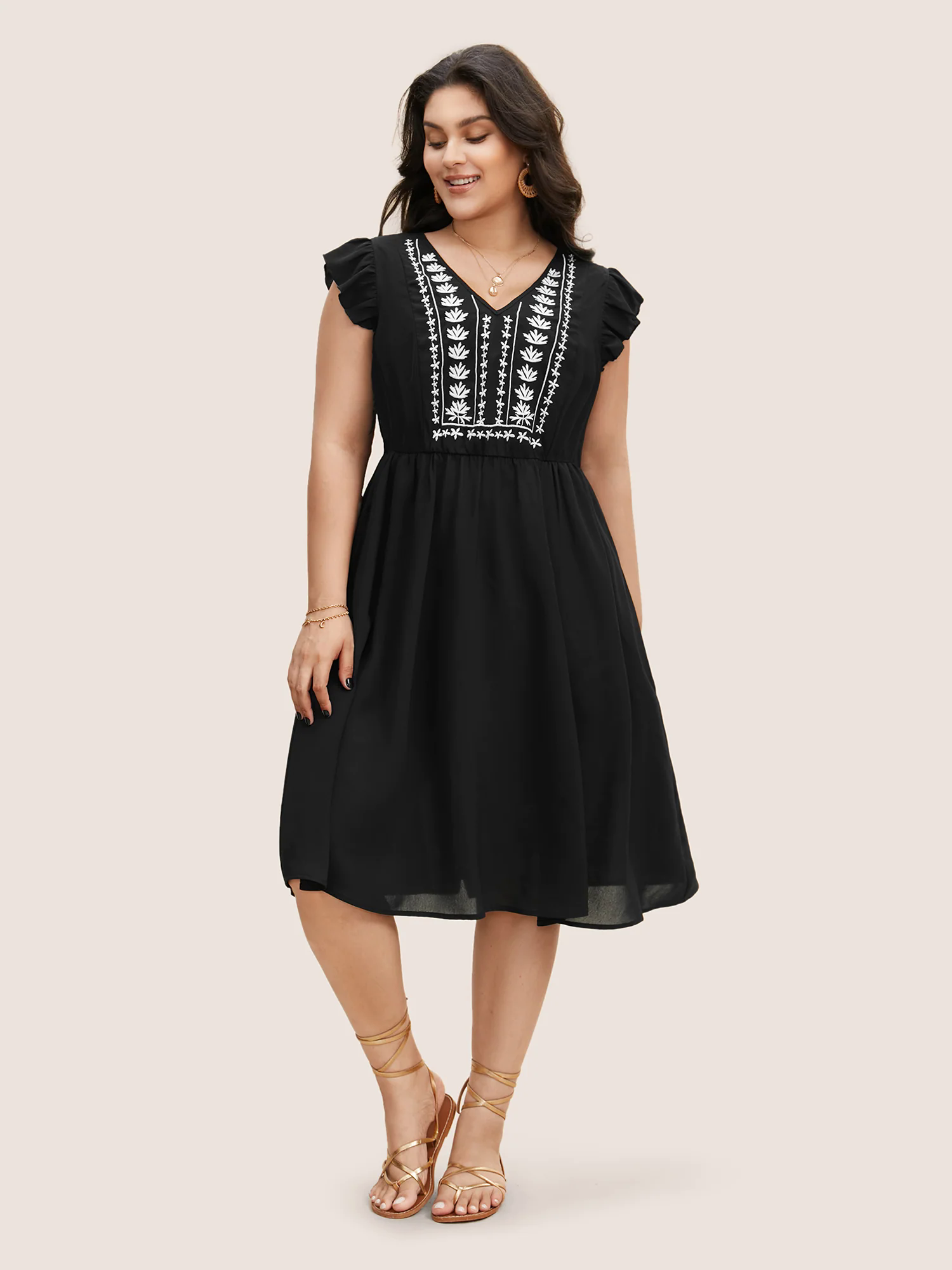 Floral Embroidered V Neck Ruffle Cap Sleeve Dress Floral Embroidered V Neck Ruffle Cap Sleeve Dress