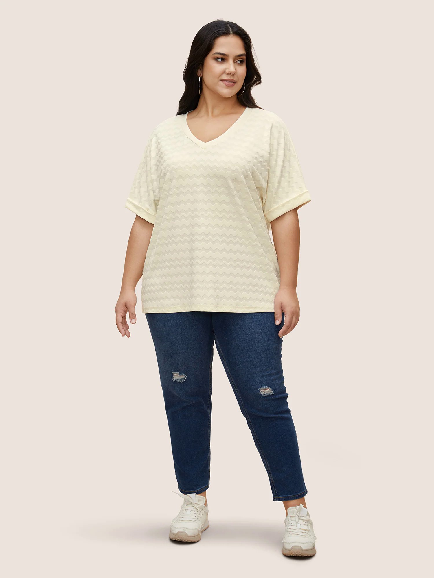 V Neck Plain Textured Batwing Sleeve T-shirt V Neck Plain Textured Batwing Sleeve T-shirt