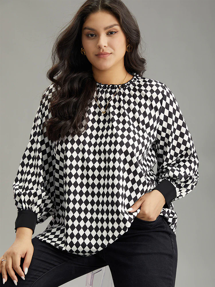 Halloween Check Frill Trim Gathered Patchwork Blouse Halloween Check Frill Trim Gathered Patchwork Blouse