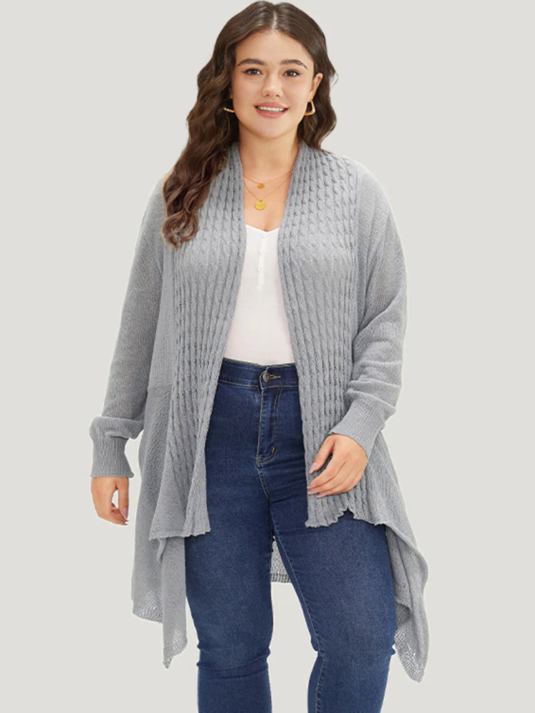 Cable Knit Open Front Asymmetrical Hem Cardigan