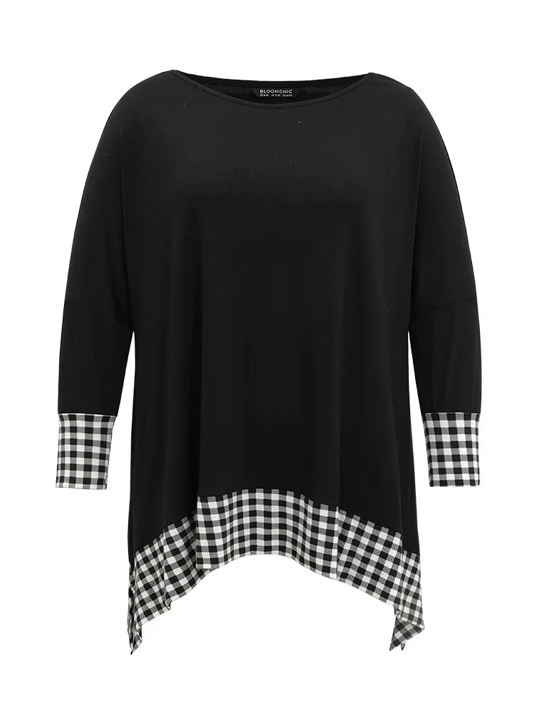 Plaid Patchwork Hanky Hem T-shirt Plaid Patchwork Hanky Hem T-shirt