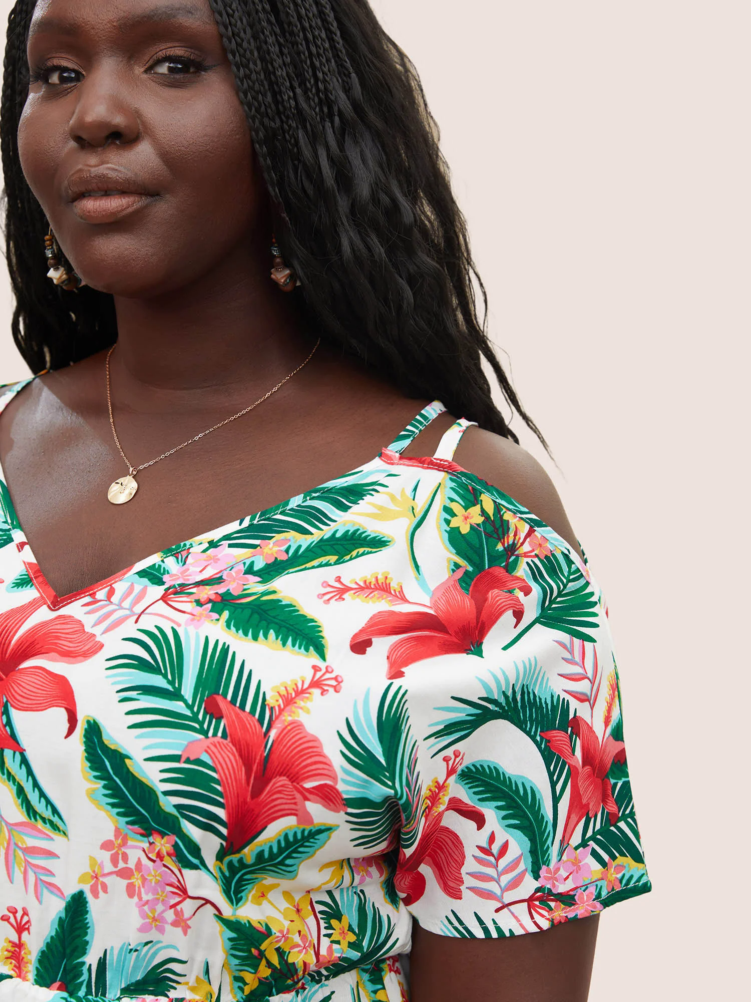 Tropical Print Elastic Waist Cold Shoulder Wrap Hem Blouse
