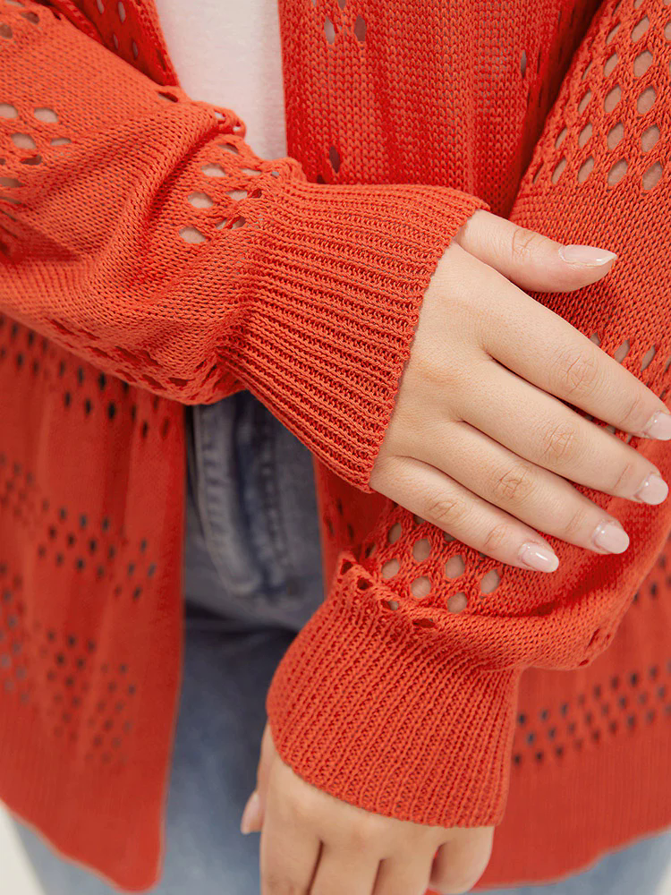 Plain Open Front Elastic Sleeve Cut Out Cardigan