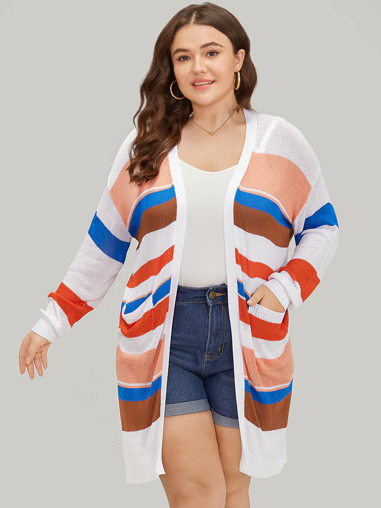 Colorblock Contrast Pocket Tunic Open Front Cardigan