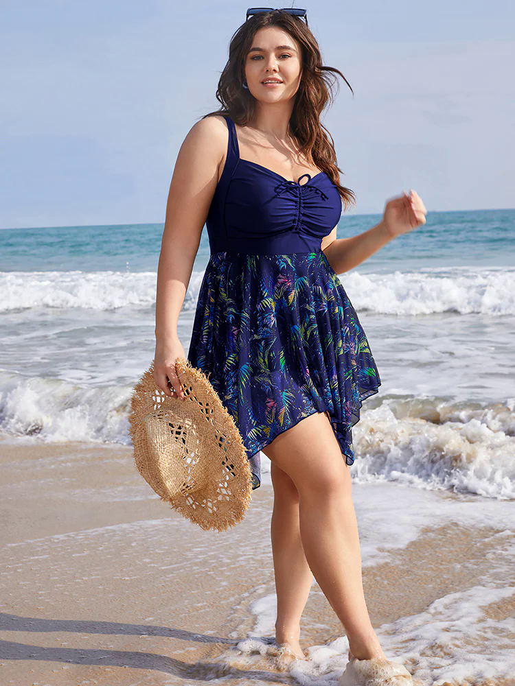 Tropical Ruched Ties Hanky Hem Crisscross Swim Dress Tropical Ruched Ties Hanky Hem Crisscross Swim Dress