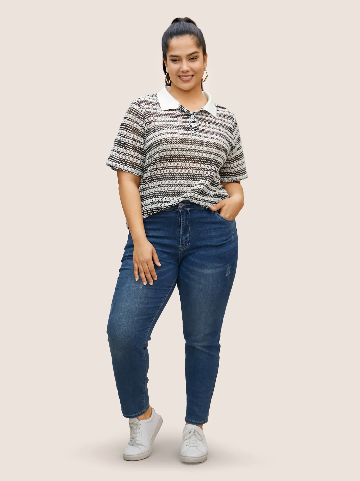 Polo Neck Contrast Cut Out Button Up T-shirt Polo Neck Contrast Cut Out Button Up T-shirt