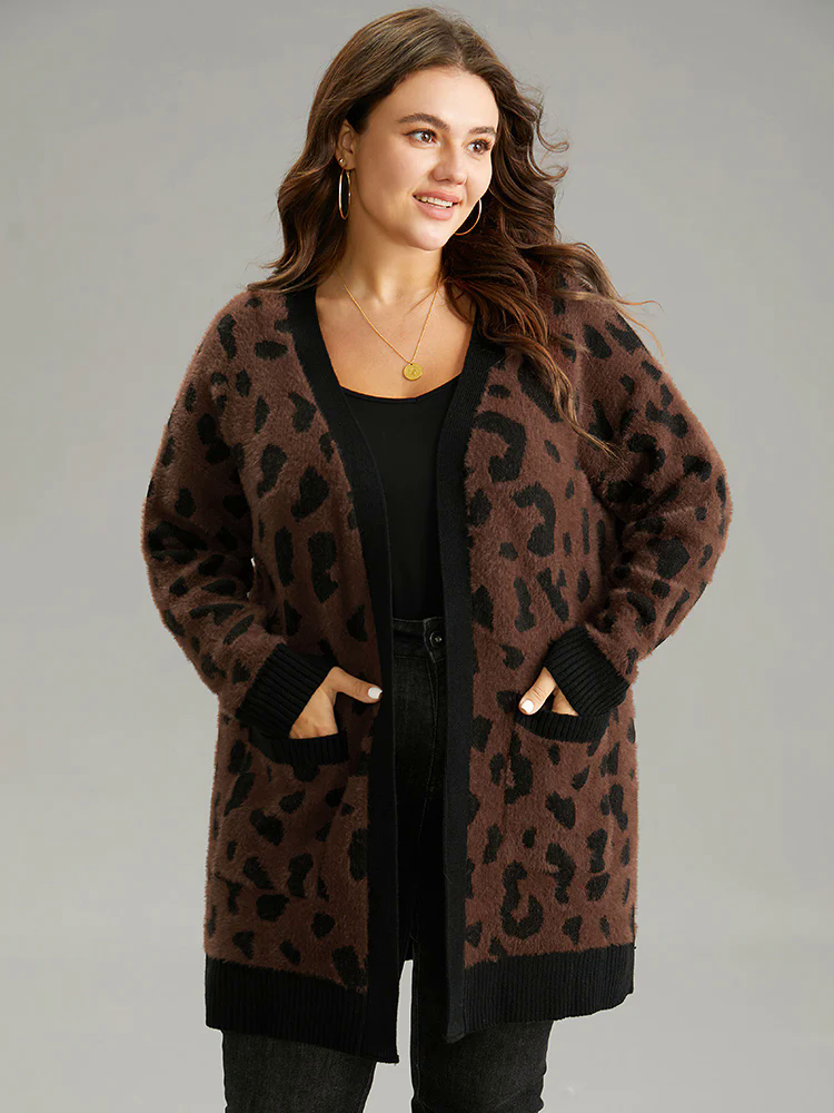Leopard Contrast Open Front Jacquard Cardigan