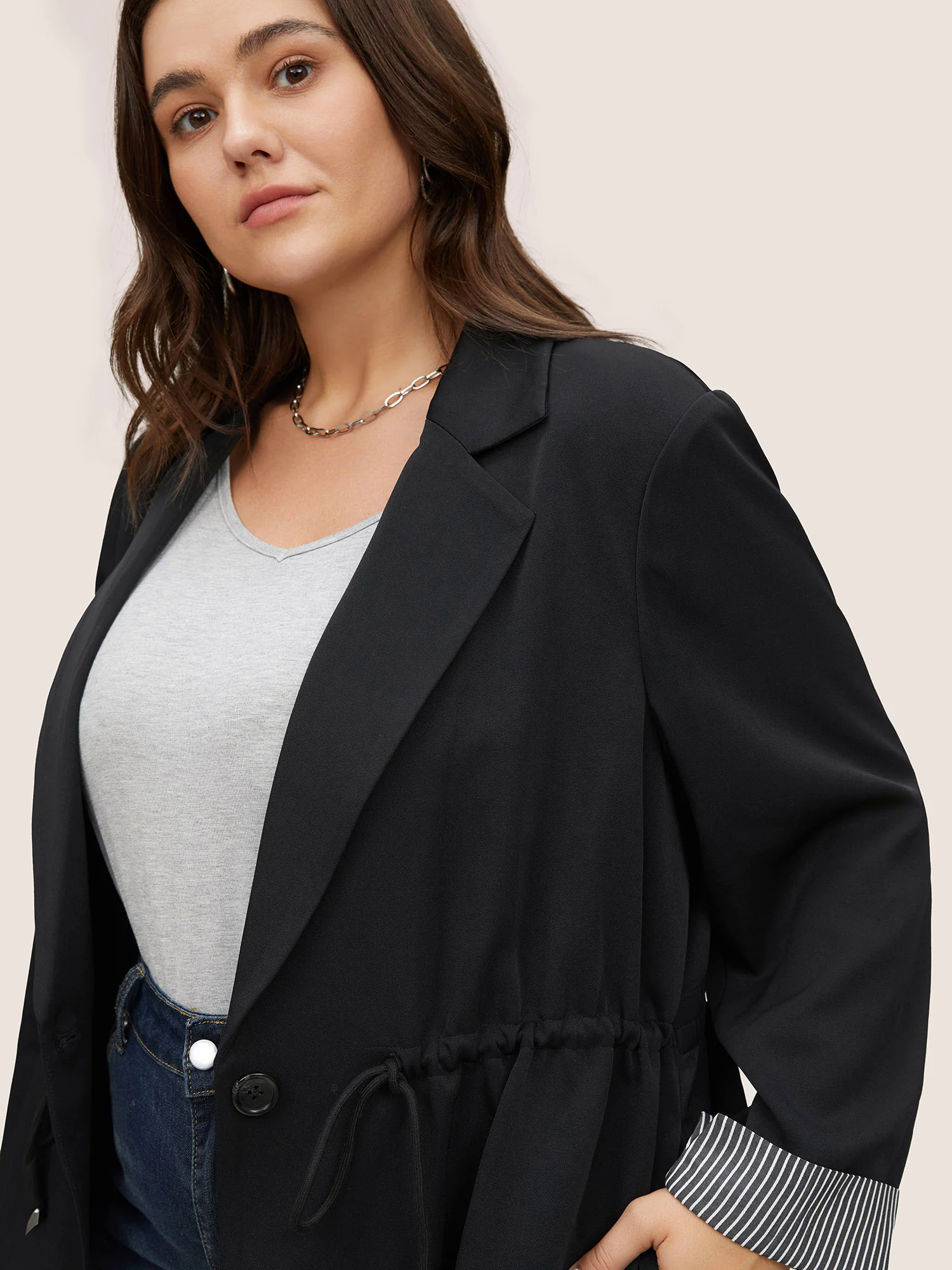 Striped Patchwork Drawstring Suit Collar Blazer Striped Patchwork Drawstring Suit Collar Blazer