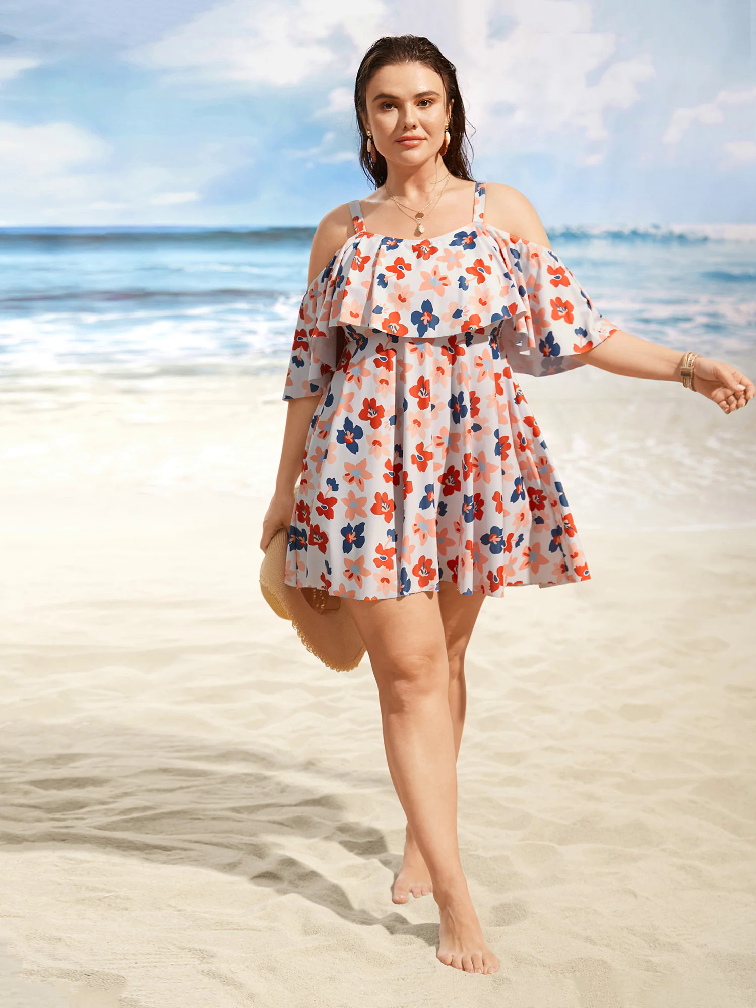 Contrast Floral One Shoulder Neck Ruffles Swim Dress Contrast Floral One Shoulder Neck Ruffles Swim Dress