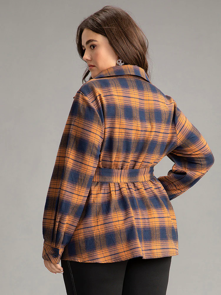 Plaid Elastic Waist Shirt Collar Blouse Plaid Elastic Waist Shirt Collar Blouse