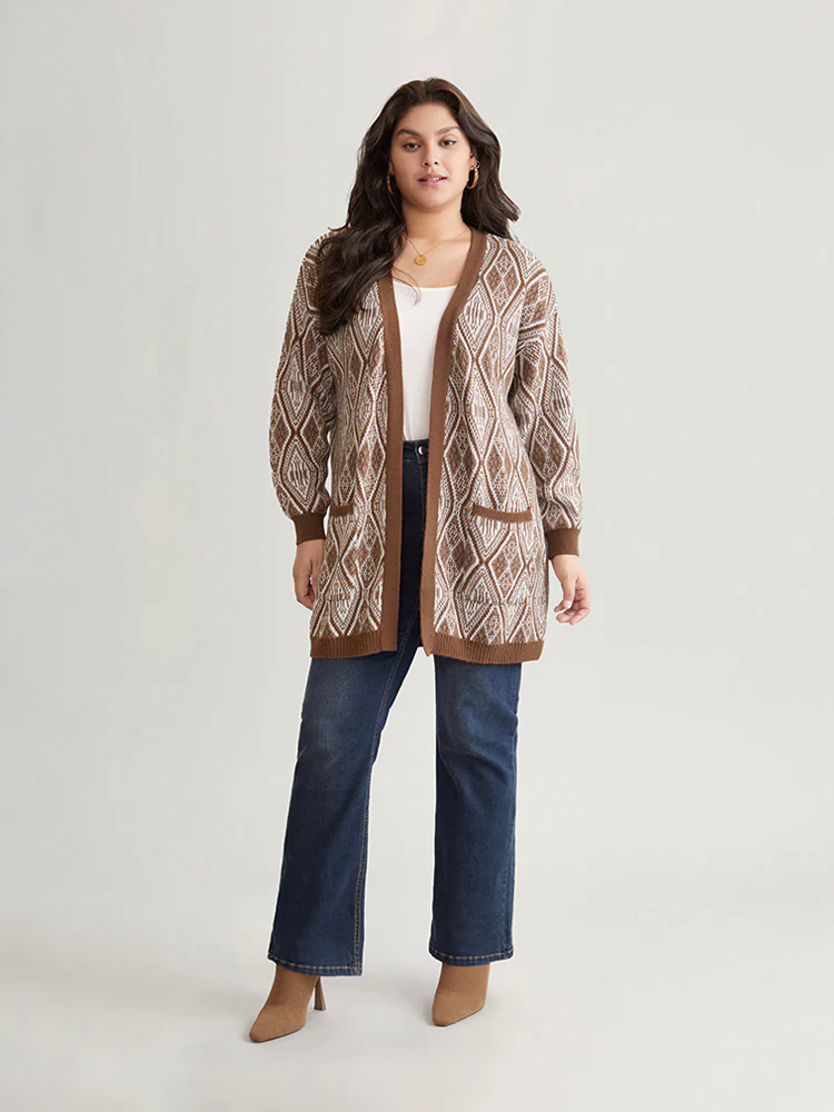 Geometric Graphic Patched Pocket Jacquard Cardigan Geometric Graphic Patched Pocket Jacquard Cardigan