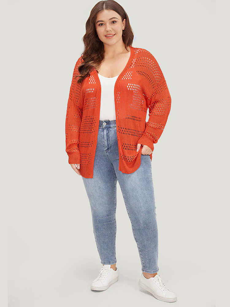Plain Open Front Elastic Sleeve Cut Out Cardigan