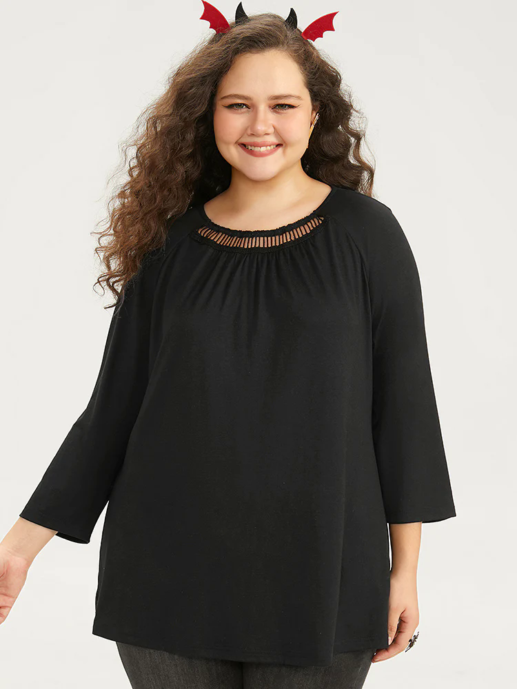 Plain Keyhole Raglan Sleeve T-shirt