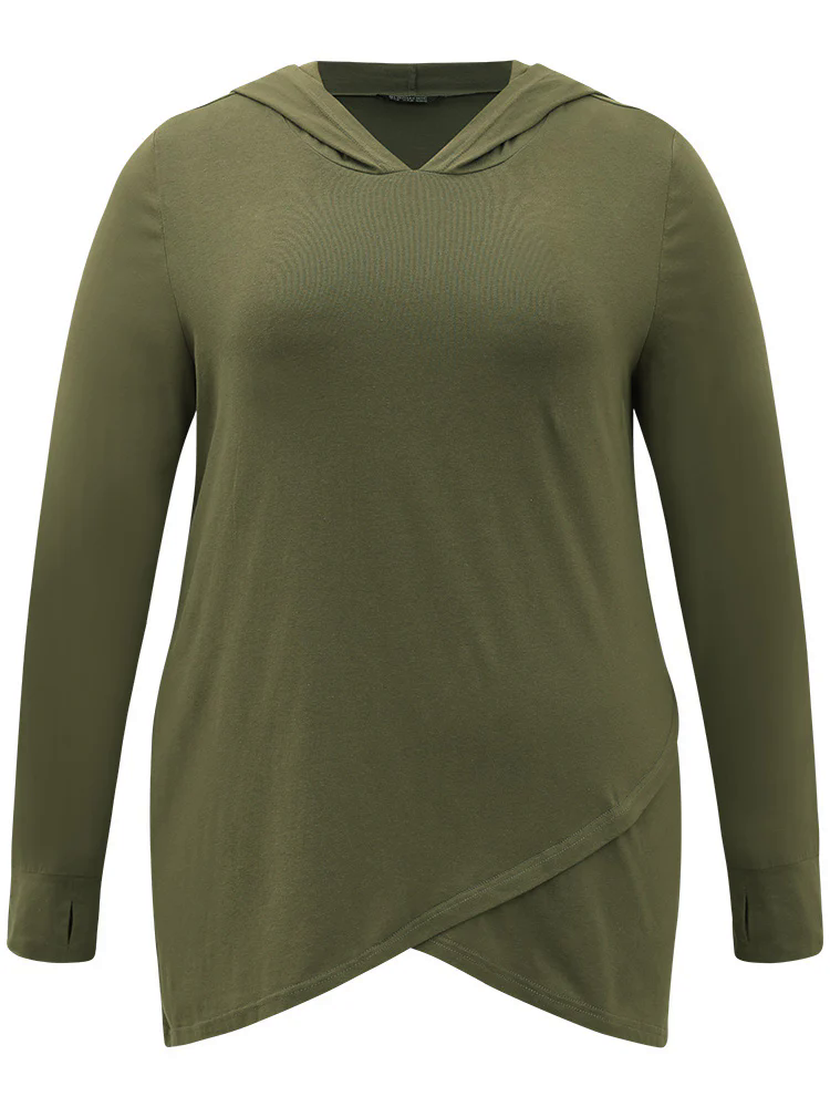 Plain Hooded Wrap Hem Thumb Hole T-shirt Plain Hooded Wrap Hem Thumb Hole T-shirt