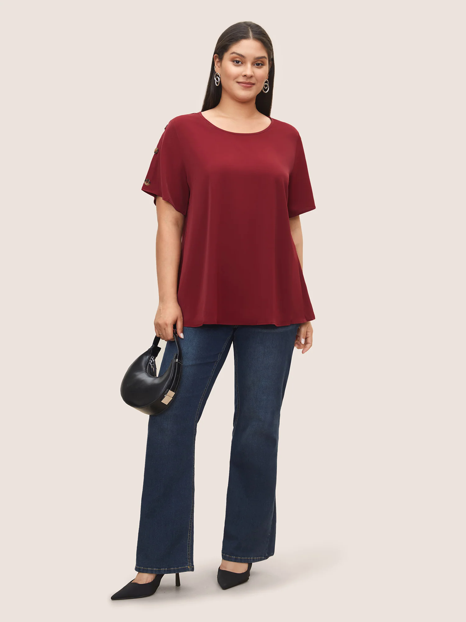Plain Round Neck Button Detail Blouse