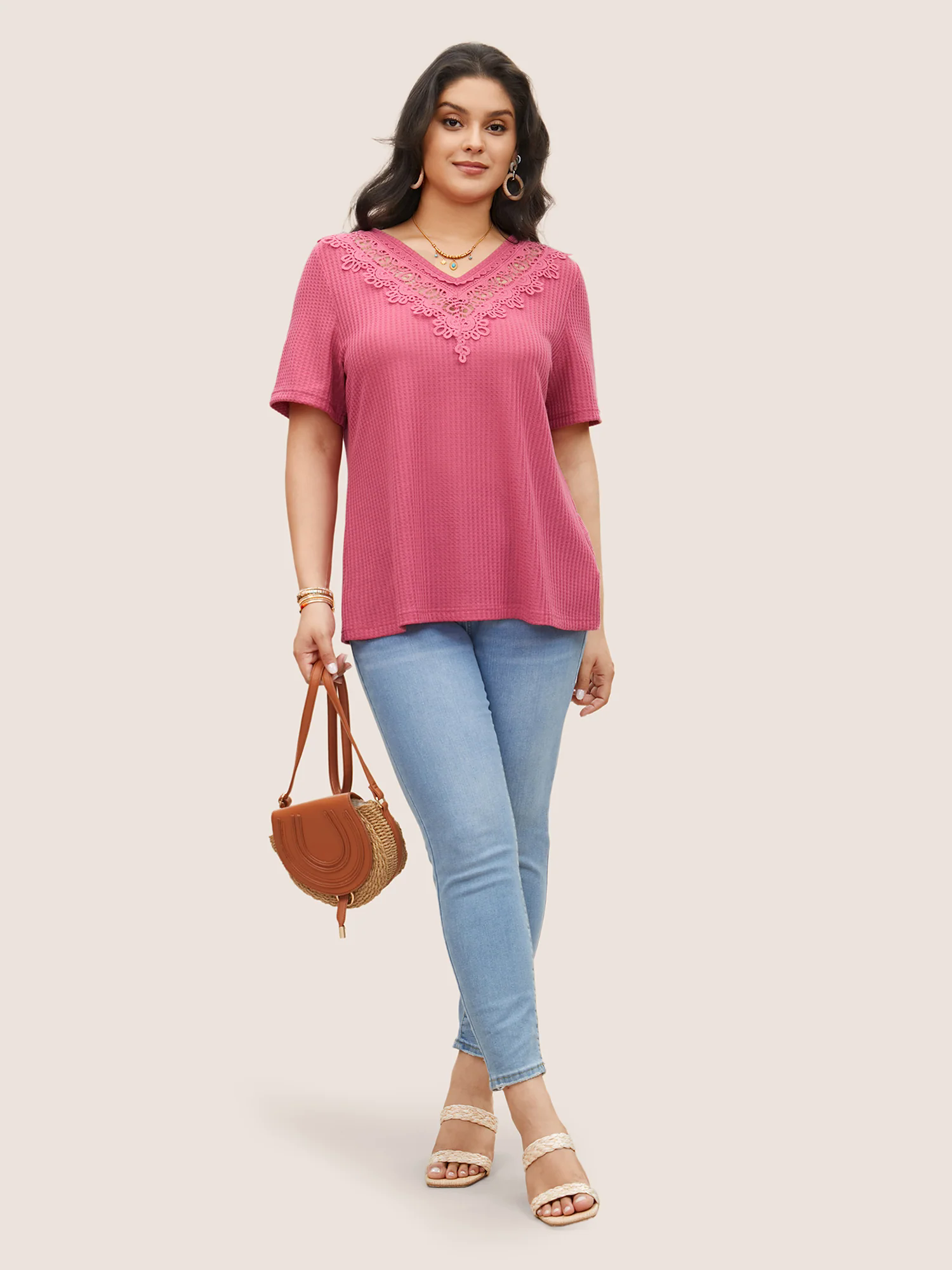 Solid Waffle Knit Lace Panel T-shirt Solid Waffle Knit Lace Panel T-shirt