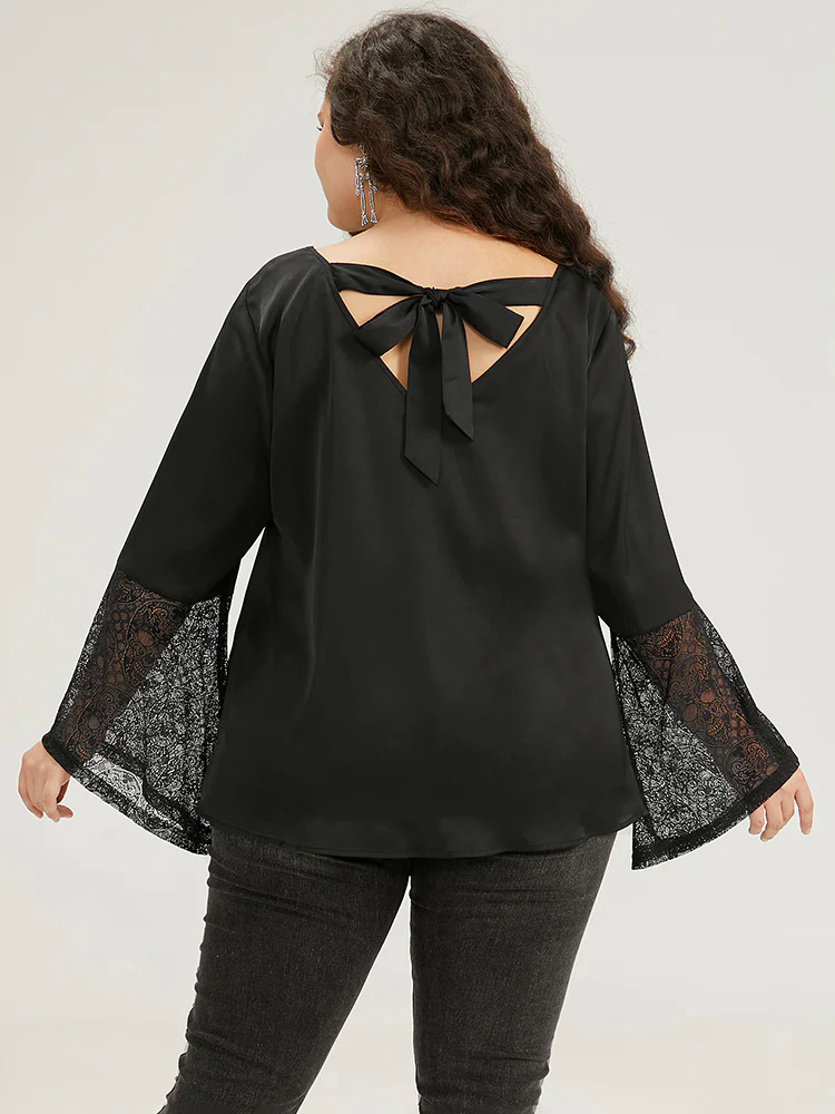 Halloween Lace Patchwork Ties Bell Sleeve Blouse Halloween Lace Patchwork Ties Bell Sleeve Blouse