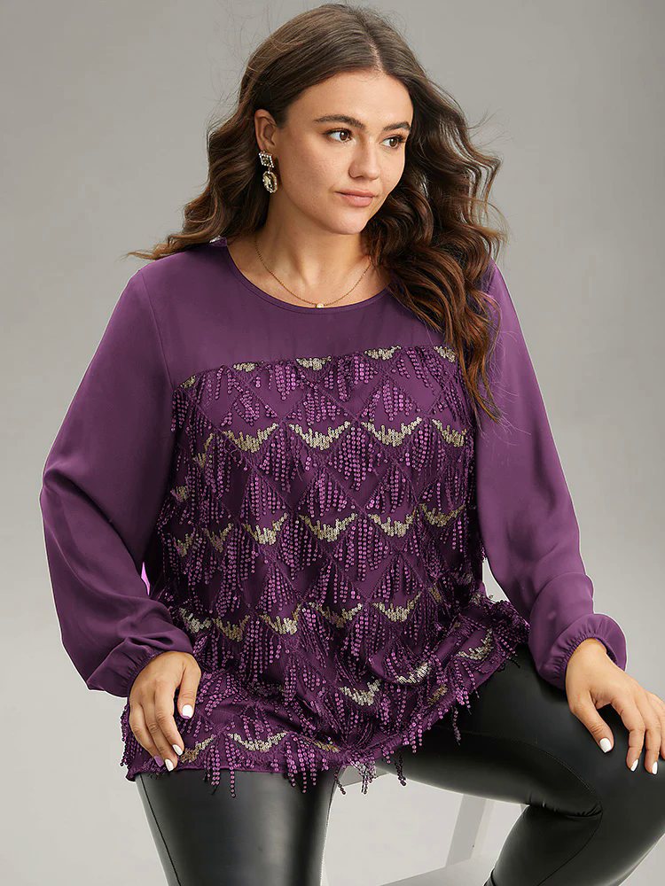 Sequin Tassel Trim Patchwork Lantern Sleeve Blouse Sequin Tassel Trim Patchwork Lantern Sleeve Blouse