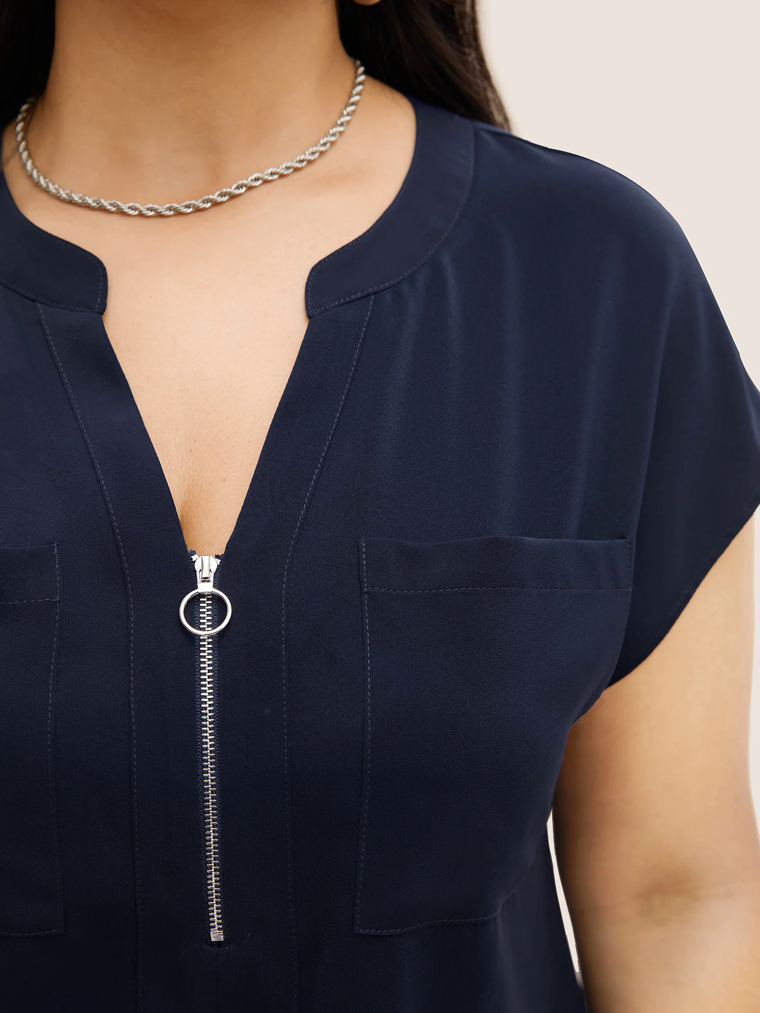 Plain Half Zip Patched Pocket Dolman Sleeve Blouse Plain Half Zip Patched Pocket Dolman Sleeve Blouse