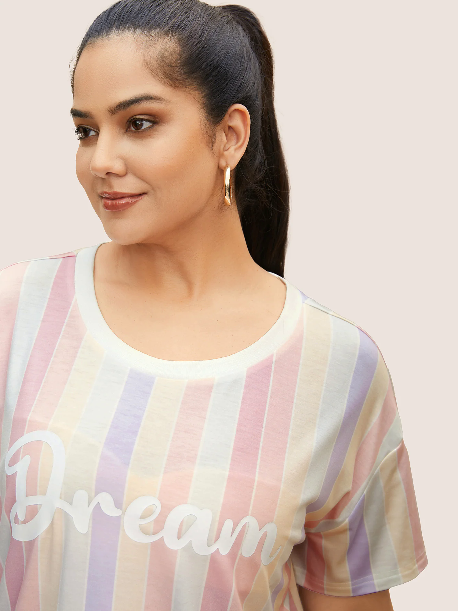 Round Neck Colored Striped Letter Print T-shirt Round Neck Colored Striped Letter Print T-shirt