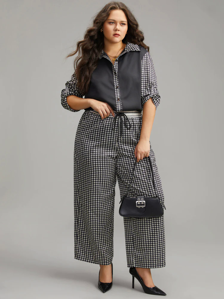 Twill Houndstooth Tab Sleeve Patchwork Blouse Twill Houndstooth Tab Sleeve Patchwork Blouse