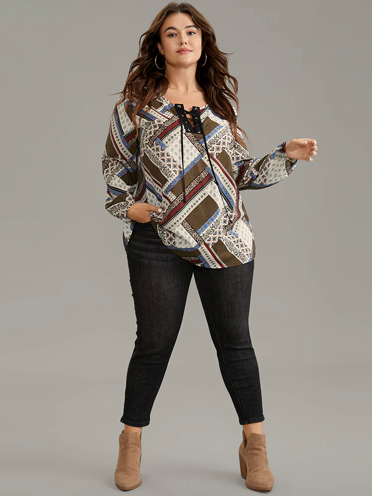 Moroccan Print Lace Up Lantern Sleeve Blouse Moroccan Print Lace Up Lantern Sleeve Blouse