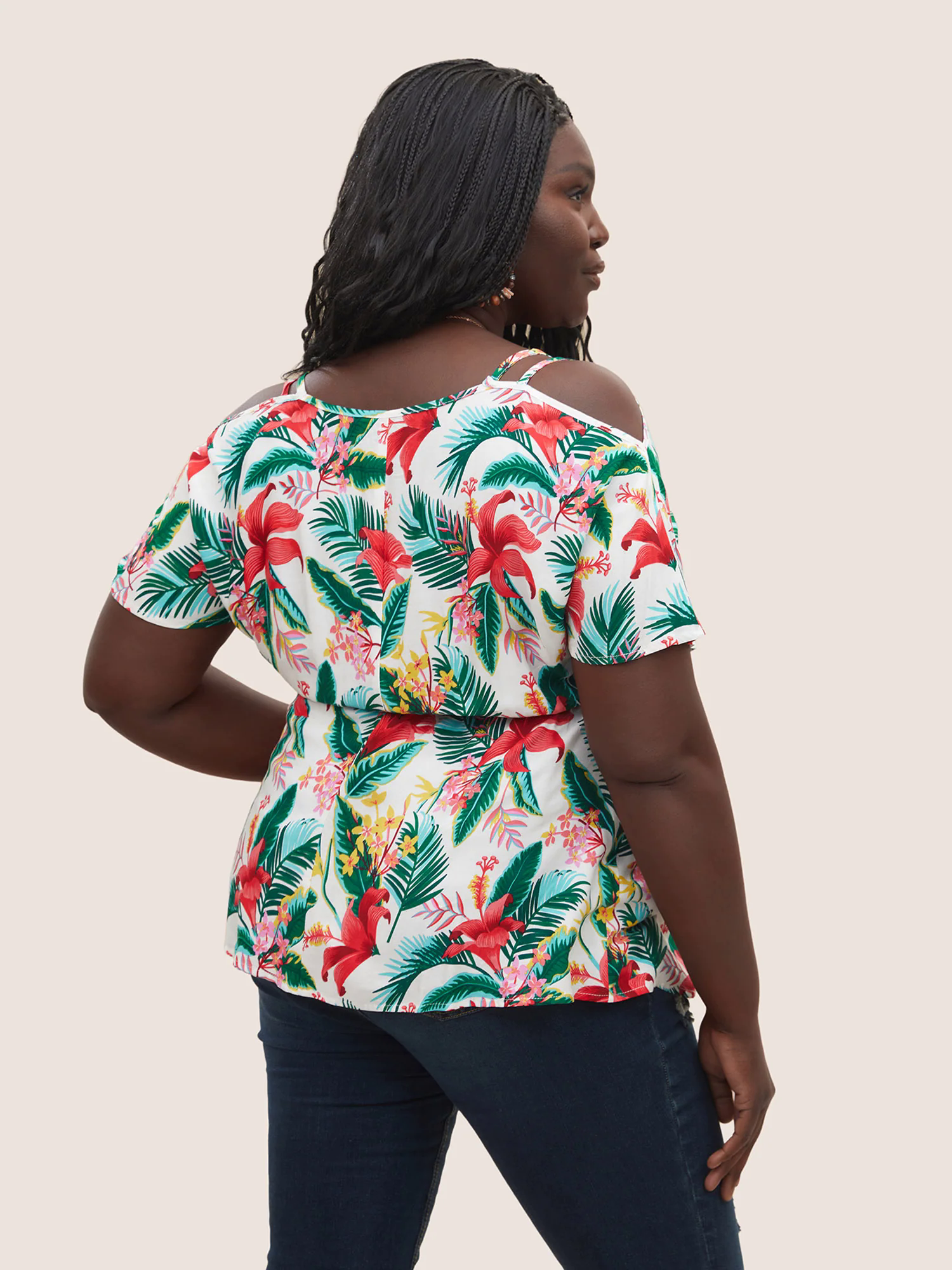 Tropical Print Elastic Waist Cold Shoulder Wrap Hem Blouse