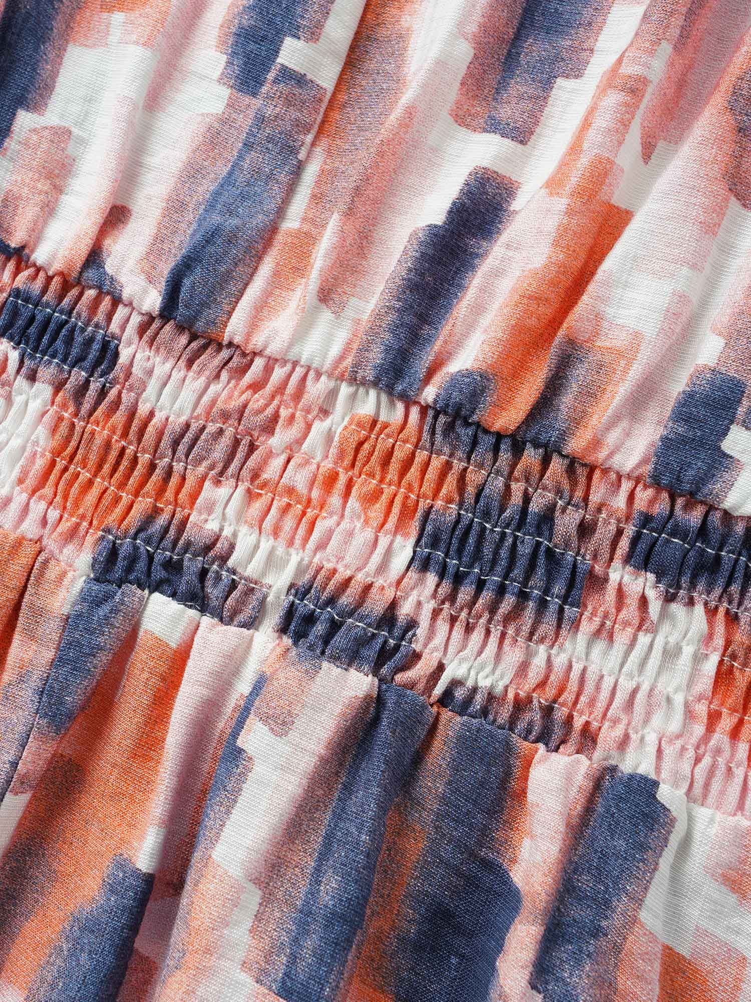 Brush Print Shirred Split Neck Blouse