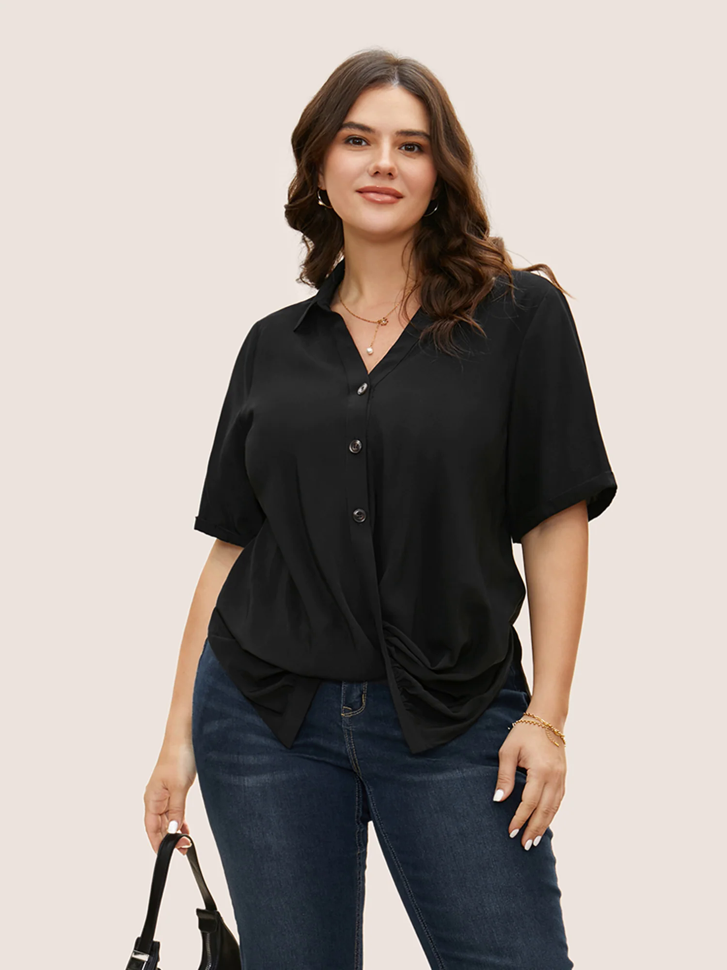 Shirt Collar Twist Front Button Up Blouse