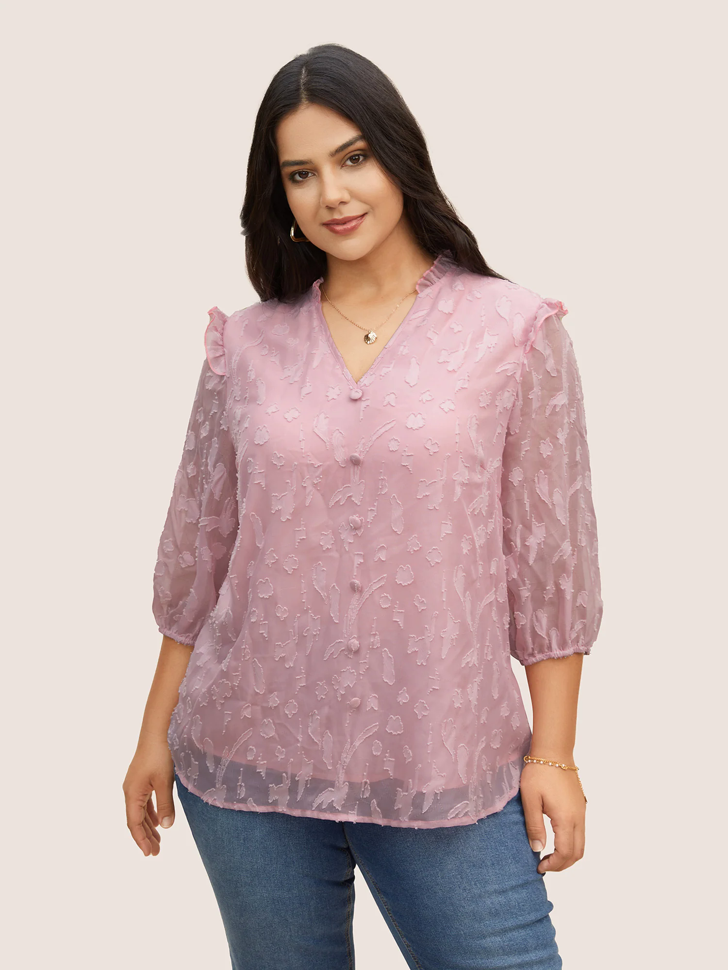 Chiffon Plain Textured Ruffle Trim Blouse