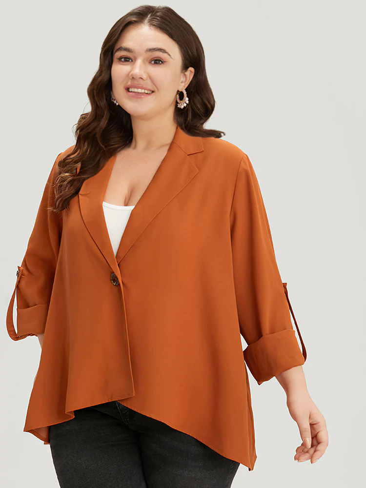 Plain Button Up Tab Sleeve High Low Hem Blazer Plain Button Up Tab Sleeve High Low Hem Blazer