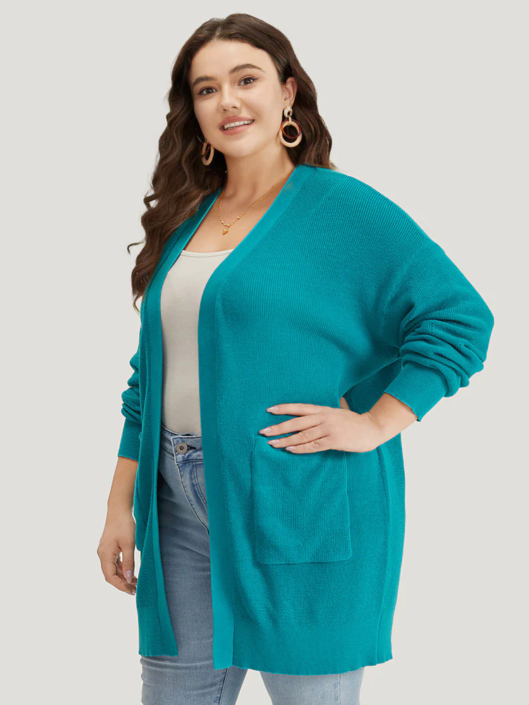 Solid Open Front Patched Pocket Cardigan