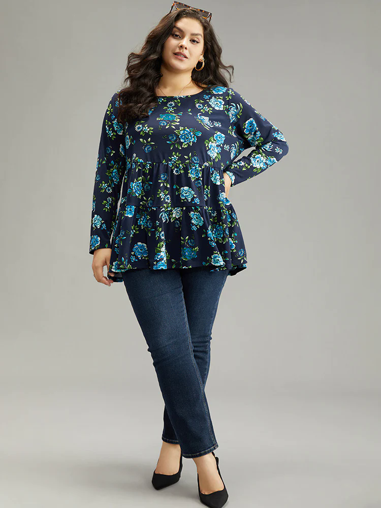 Floral Print Flutter Hem Gathered T-shirt Floral Print Flutter Hem Gathered T-shirt