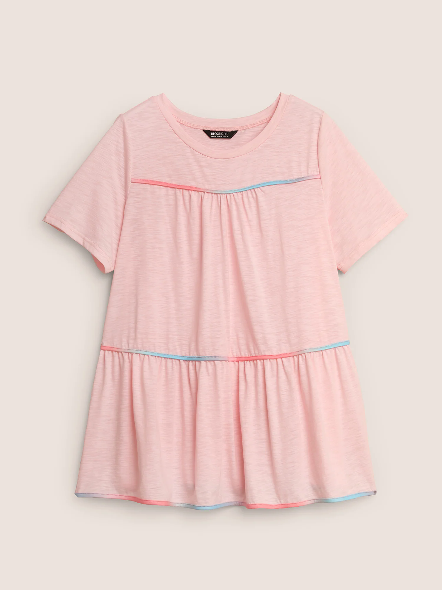 Round Neck Contrast Tucked Seam Ruffles T-shirt