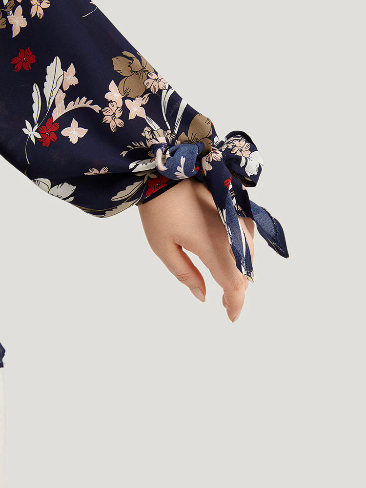 Floral V Neck Wrap Twist Sleeve Blouse Floral V Neck Wrap Twist Sleeve Blouse