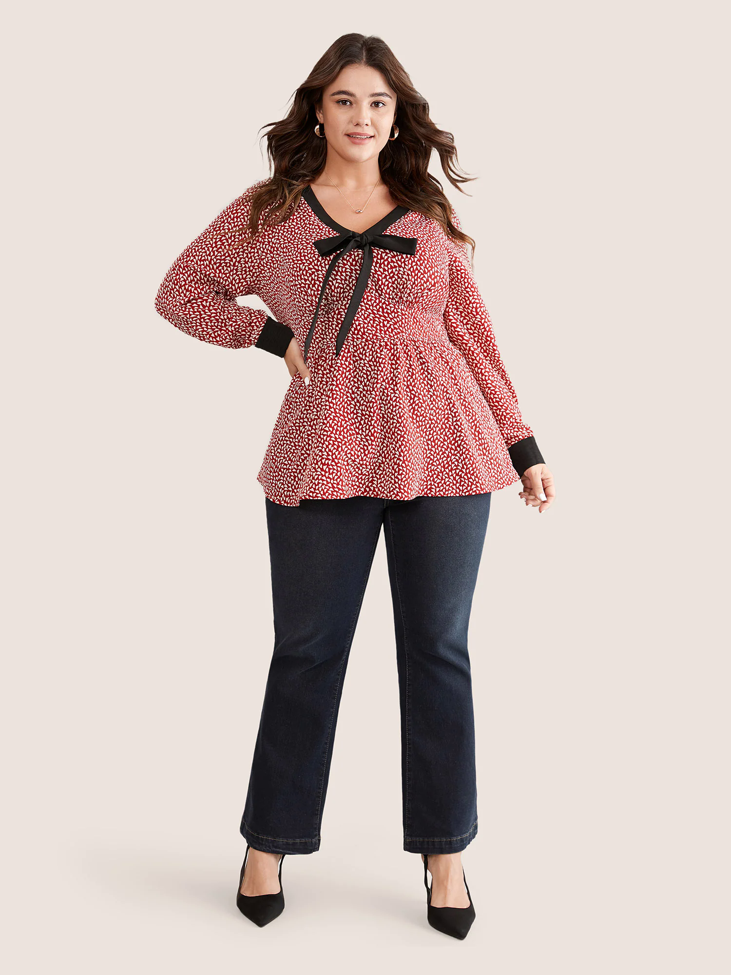 Heart Print Bowknot Elastic Waist Blouse
