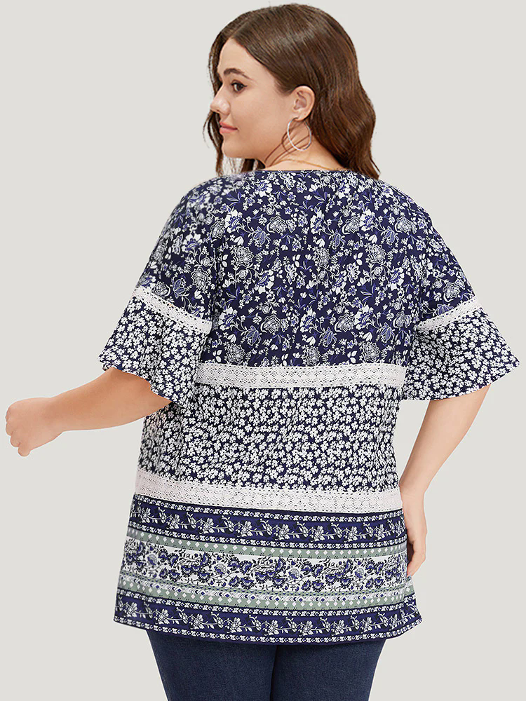 Ditsy Floral Patchwork Square Neck Flutter Sleeve Blouse Ditsy Floral Patchwork Square Neck Flutter Sleeve Blouse