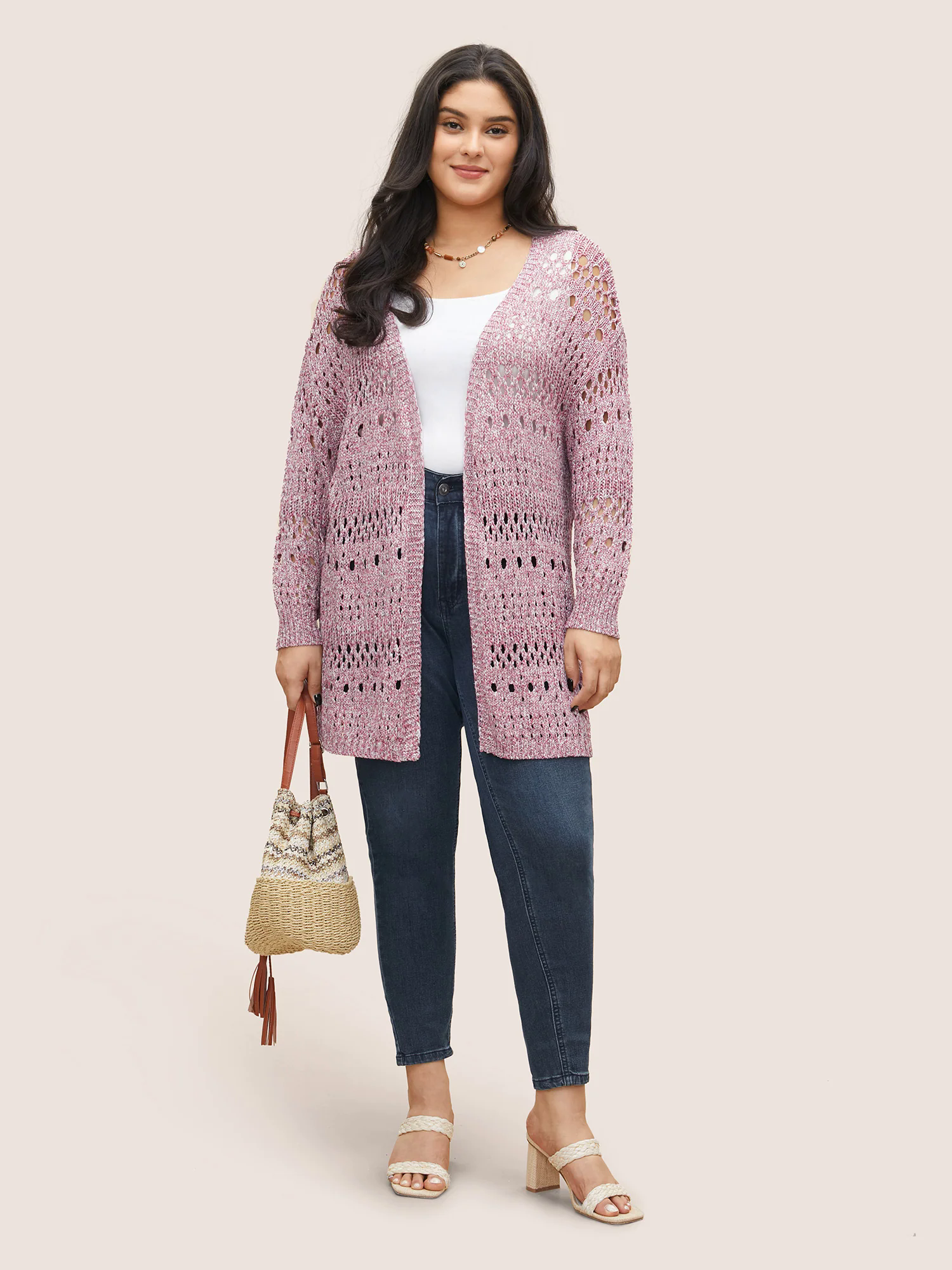 Heather Hollow Out Drop Shoulder Cardigan Heather Hollow Out Drop Shoulder Cardigan