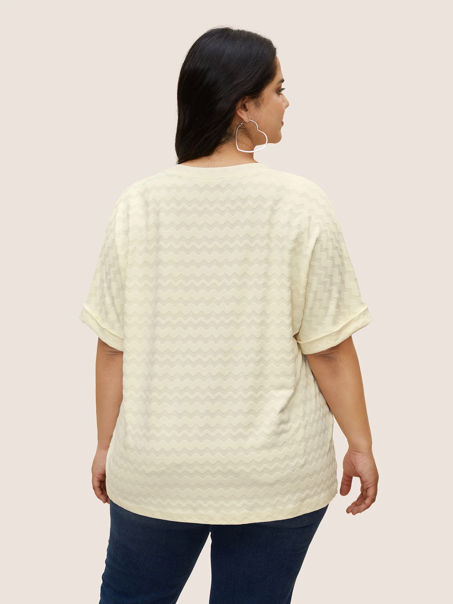 V Neck Plain Textured Batwing Sleeve T-shirt V Neck Plain Textured Batwing Sleeve T-shirt