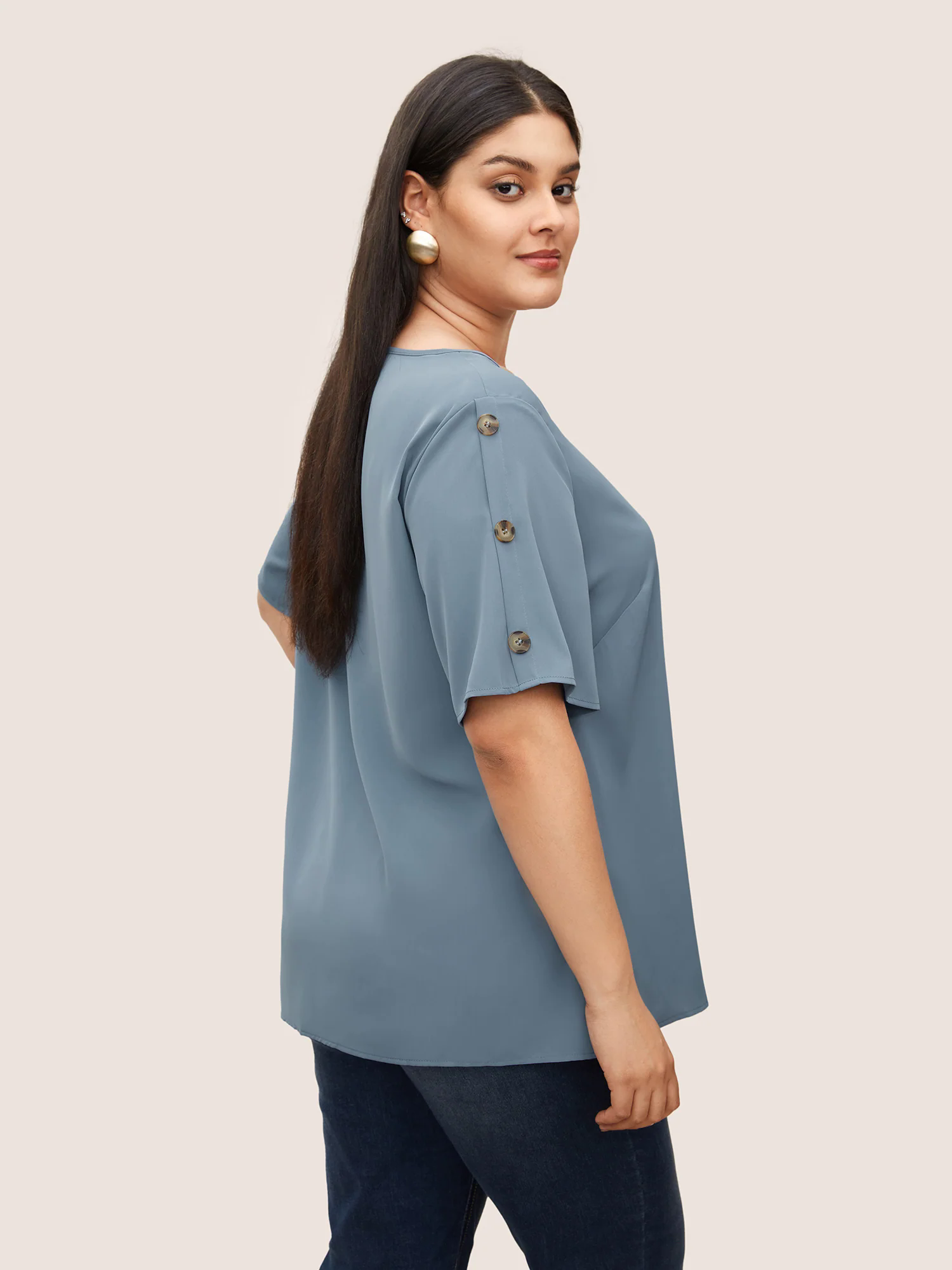 Plain Round Neck Button Detail Blouse