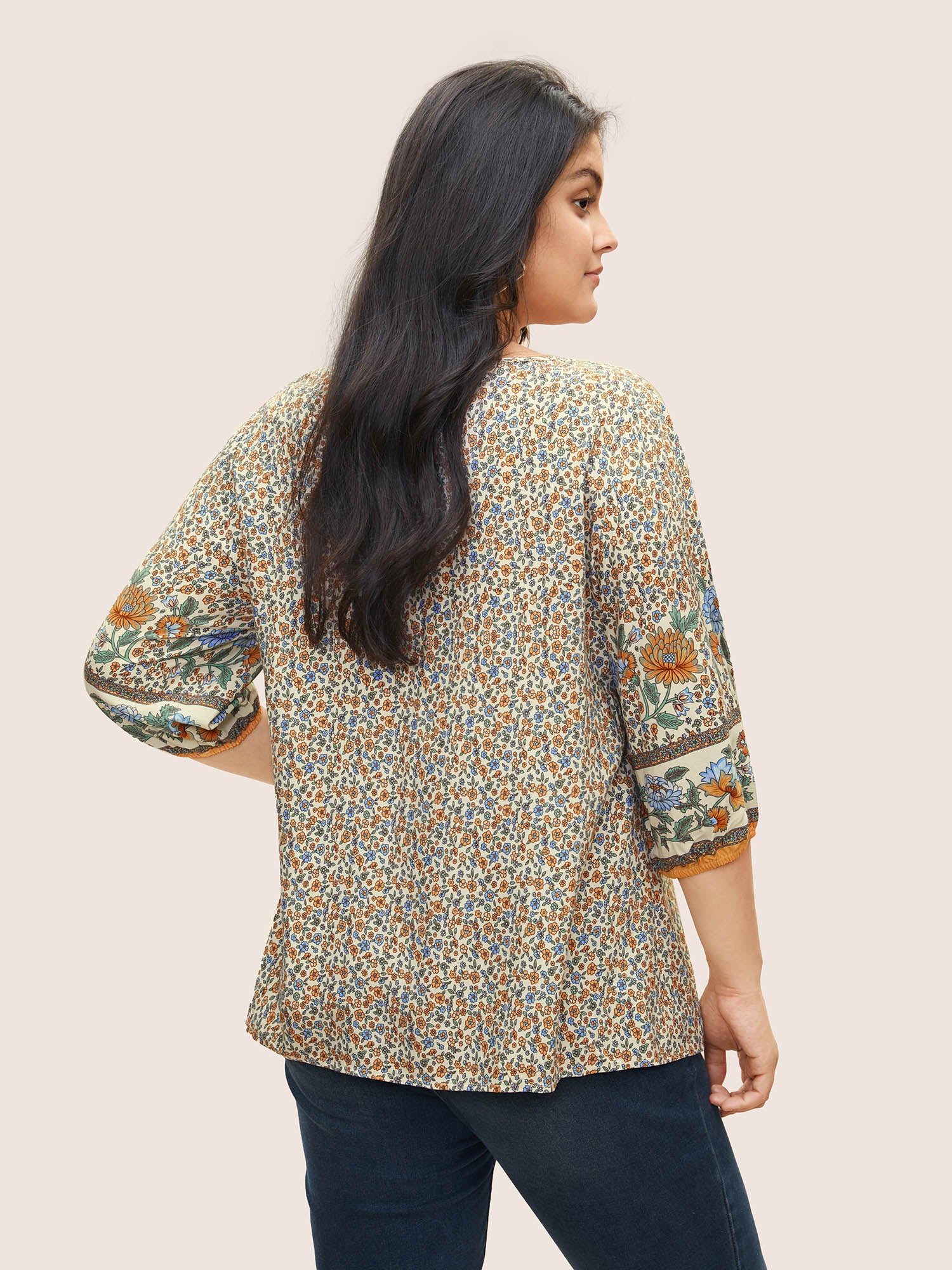 Boho Print Pleated Button Detail Tie Neck Blouse
