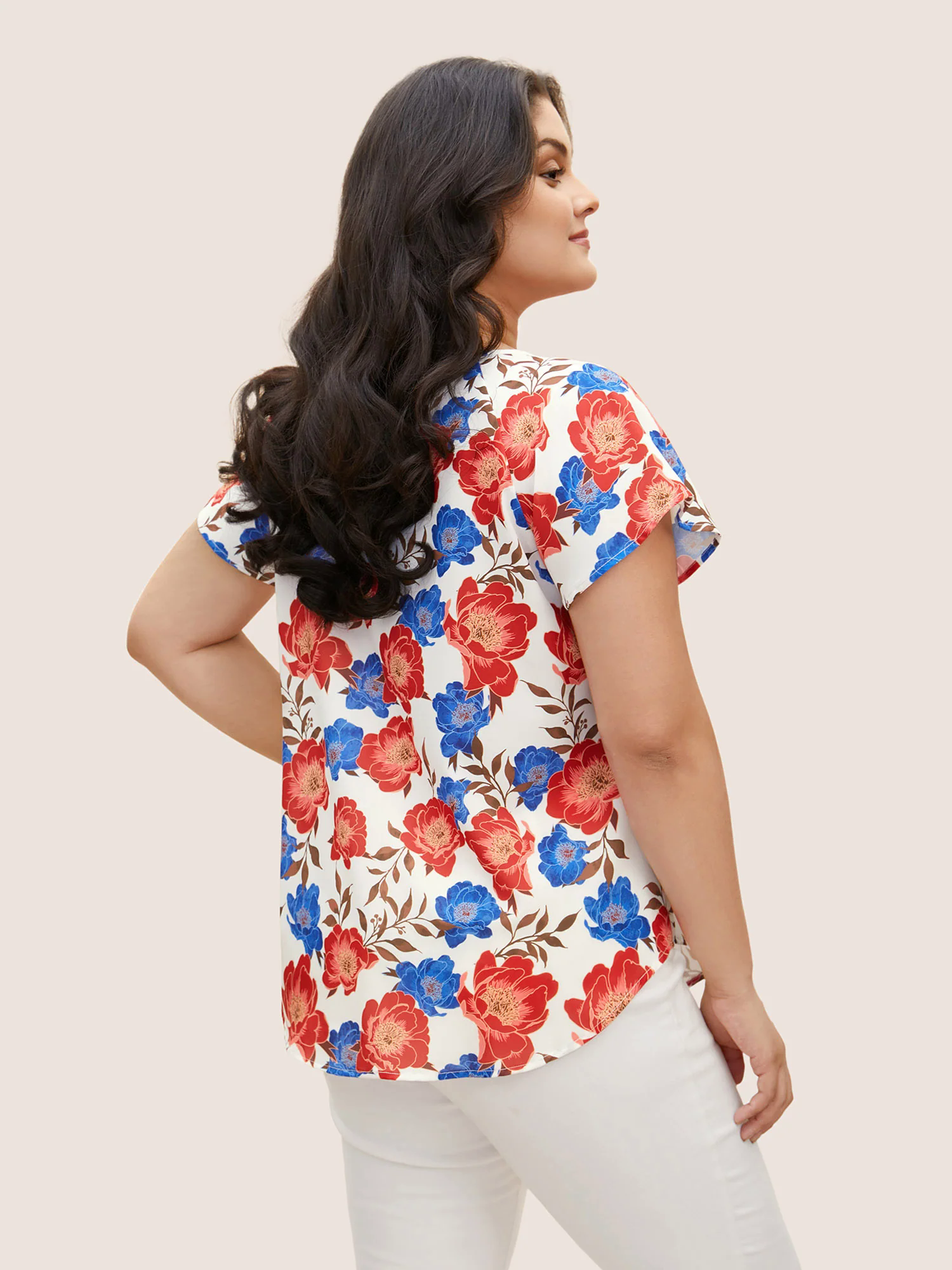Floral Notched Collar Pleated Raglan Sleeve Blouse Floral Notched Collar Pleated Raglan Sleeve Blouse